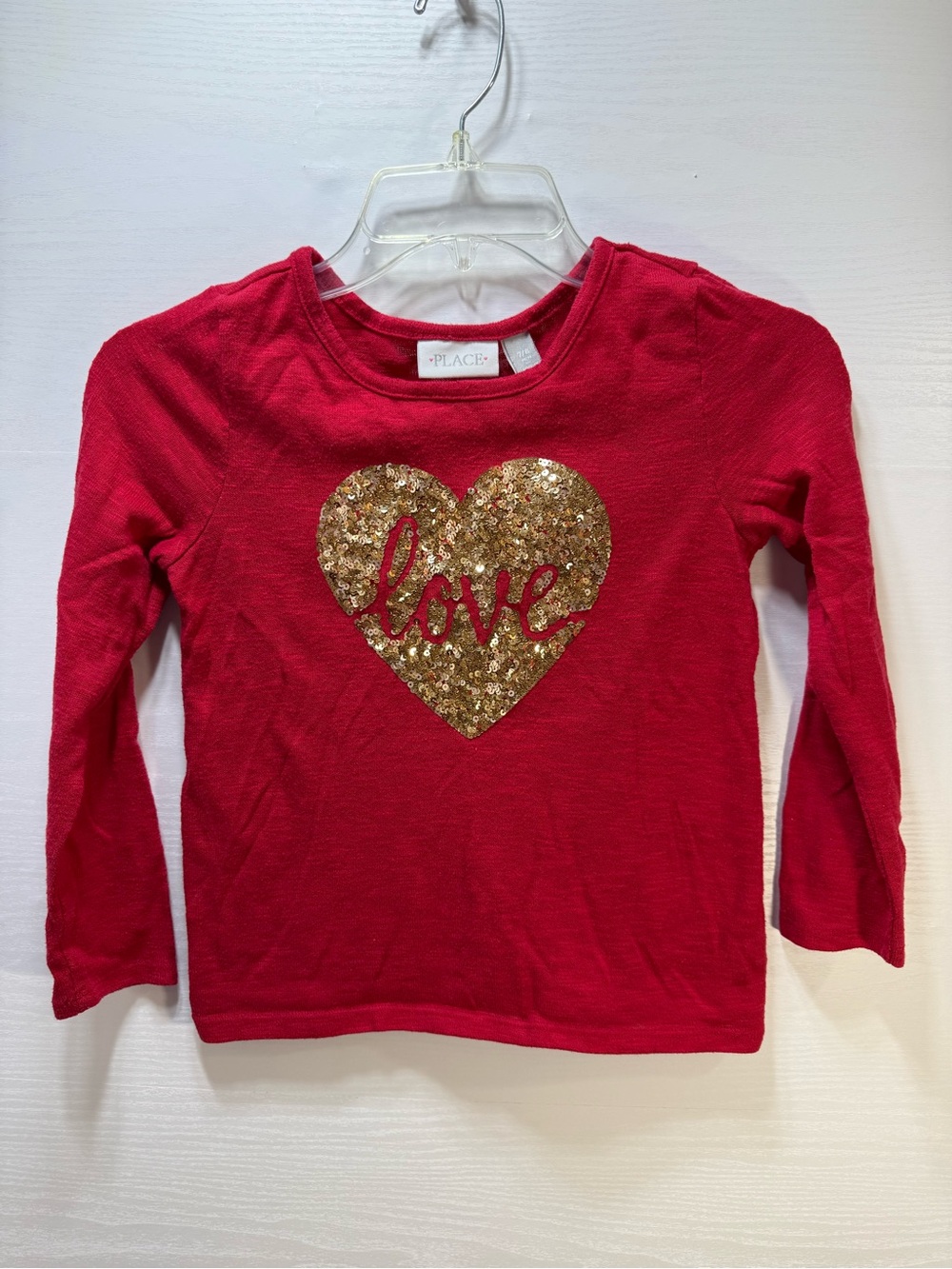 Place Red Long-Sleeve Top with Gold Sequin Heart and "Love"